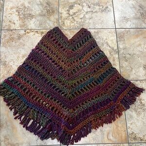 Handmade Multicolor Crochet Poncho with Fringe